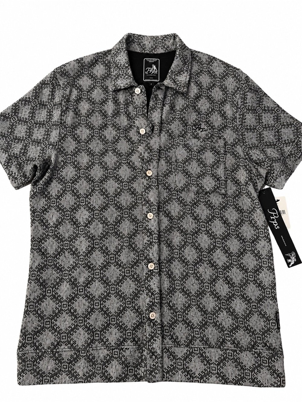 PRPS Black & Gray Geometric Short Sleeve Button-Down Shirt NWT